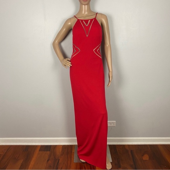 AIDAN MATTOX RED MESH INSET MAXI GOWN - Picture 2 of 13